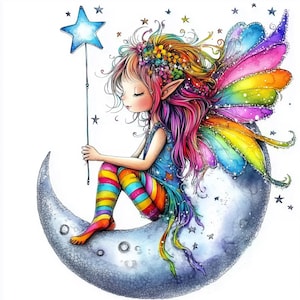 Moon Fairy ClipArt 10 High Resolution Watercolor JPGs Junk Journaling, Scrapbooking, Card Making, Digital Download, Fantasy, Whimsical