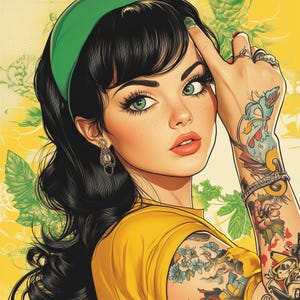 May include: A woman with dark hair and a green headband wears a yellow shirt with a floral tattoo on her arm. The tattoo features a bird, flowers, and other details.