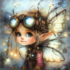 Puede incluir: Ilustración digital de un hada steampunk con grandes ojos azules, que lleva gafas y un atuendo marrón. El hada tiene delicadas alas y está rodeada de engranajes y luces, creando una escena de fantasía caprichosa y detallada.
