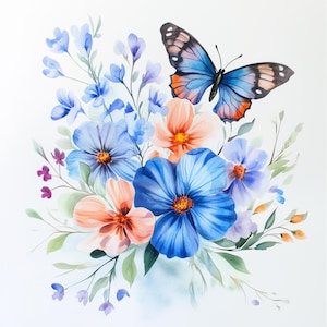 Farfalle blu, fiori acquerellati, stile shabby chic, JPG ad alta risoluzione per junk journaling, scrapbooking, creazione di biglietti, download digitali
