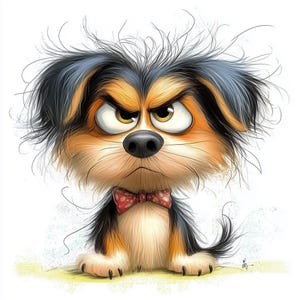 Könnte beinhalten: Eine Cartoon-Illustration eines kleinen, schwarz-braunen Hundes mit einer roten Schleife. Der Hund hat einen mürrischen Gesichtsausdruck und unordentliches Fell.