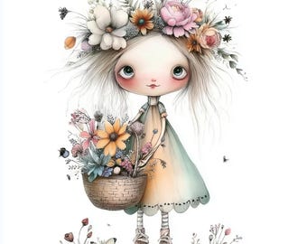 Whimsical Girl Watercolor Clipart, Flower Crown, Junk Journal (Digital Download)