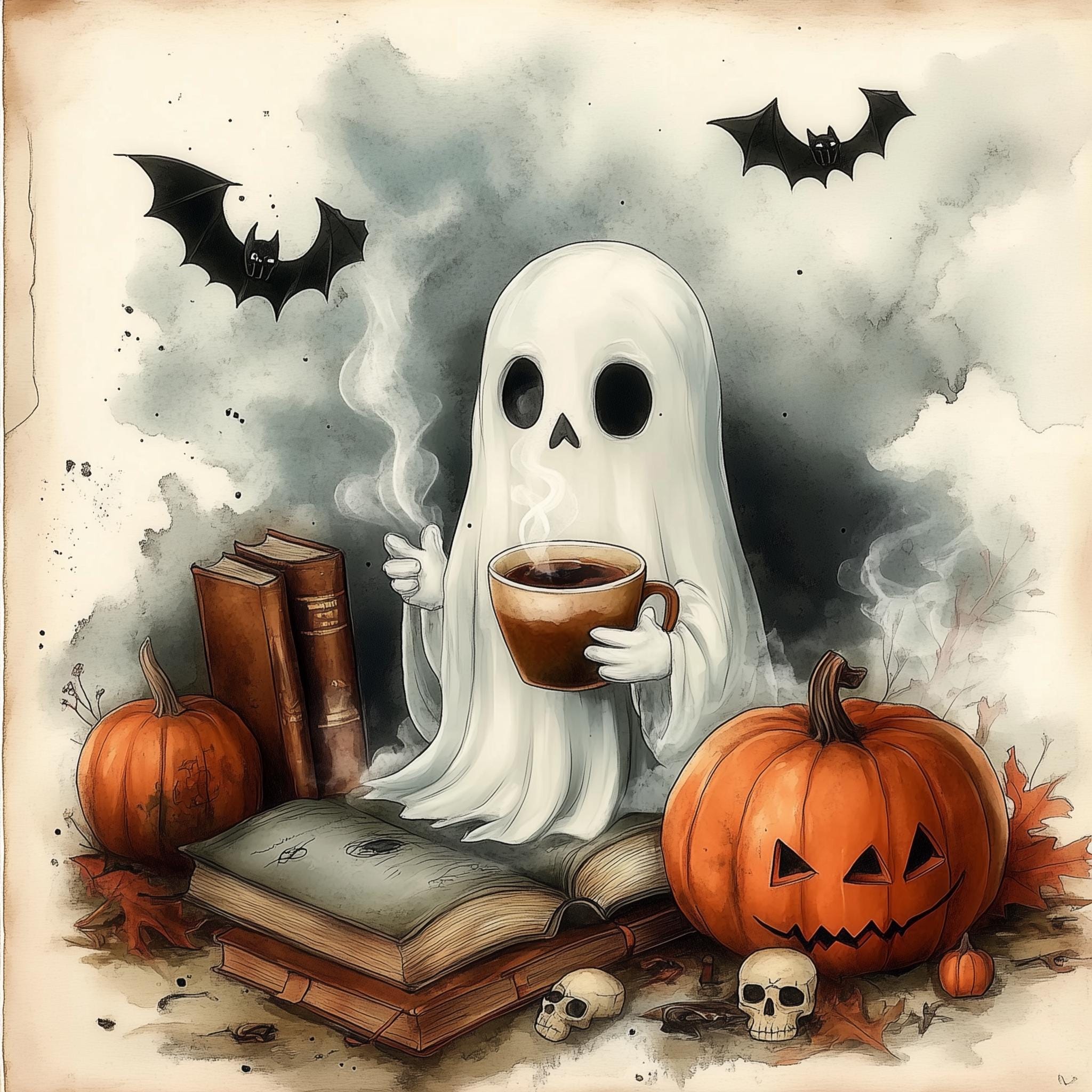 Halloween Ghost Drinking Coffee Jpgs, Spooky Scrapbooking (digital ...