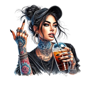 Conjunto de imágenes prediseñadas de chica tatuada con café, fondo transparente, imagen PNG