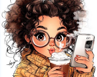 Hot Chocolate and Selfies 10 High Resolution Watercolor JPGs Junk Journaling, Scrapbooking, Card Making, Digital Download Quirky
