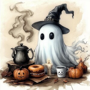 Pode incluir: Um fantasma branco usando um chapéu de bruxa preto está sentado em uma mesa com um bule, um donut, uma vela, uma abóbora e uma xícara de café.