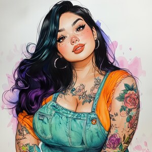 May include: A woman with long black hair and purple highlights is wearing a blue denim overall dress with an orange tank top underneath. She has a tattoo on her arm with flowers and a number 58.
