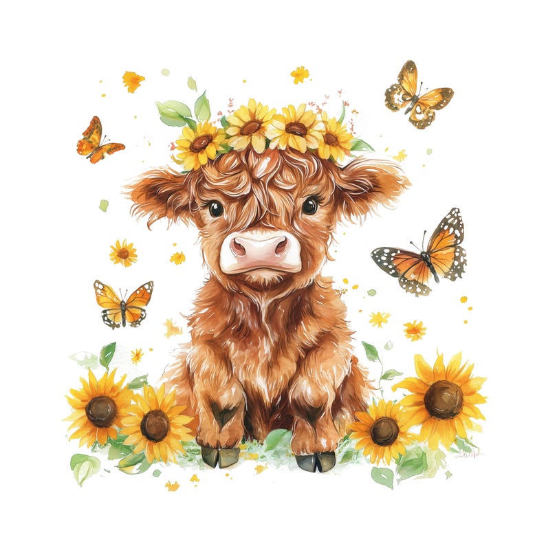 May include: A brown Highland cow calf with a crown of yellow sunflowers, sitting in a field of sunflowers and butterflies.