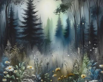 Imágenes prediseñadas de bosque oscuro en acuarela, paisajes mágicos en formato JPG (descarga digital)
