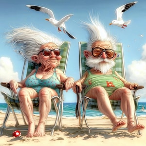 Personas mayores en la playa Acuarela JPG de alta resolución para diarios basura, álbumes de recortes, creación de tarjetas, descargas digitales, caprichosas