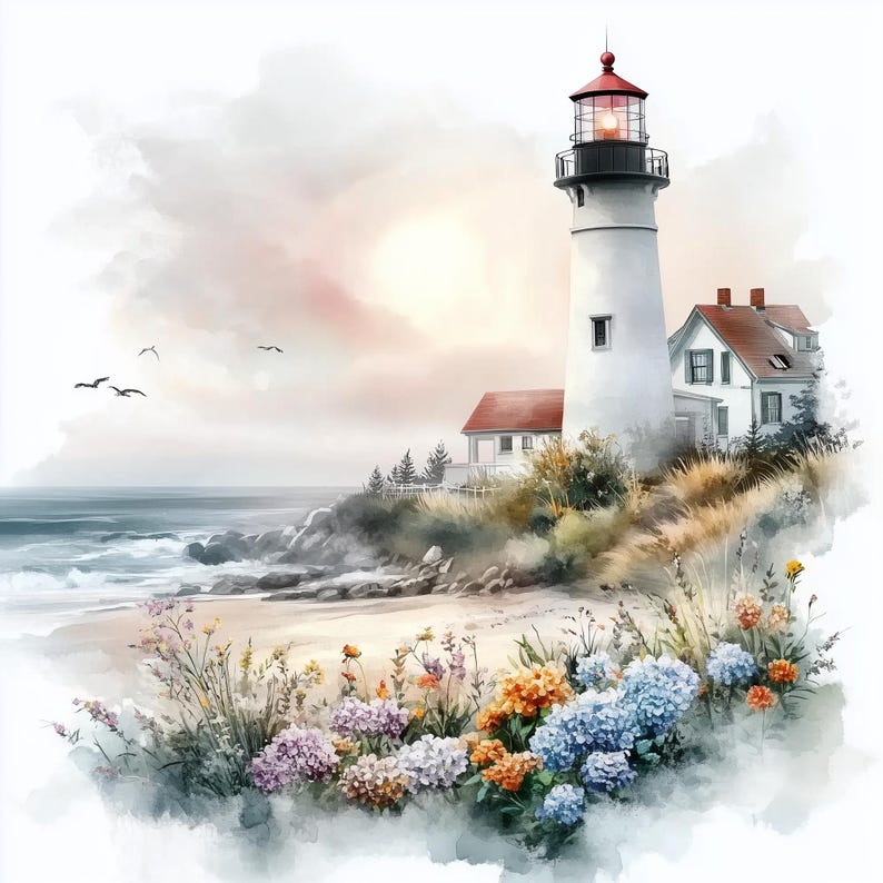 Beach Lighthouse Watercolor Art, Nautical Scrapbooking (digital ...
