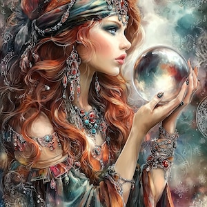 Puede incluir: Ilustración artística de una mujer con largo cabello rojo, adornada con joyas y una diadema. Contempla una bola de cristal sostenida en sus manos. La imagen presenta un tema místico y etéreo, con un fondo suave y colorido.