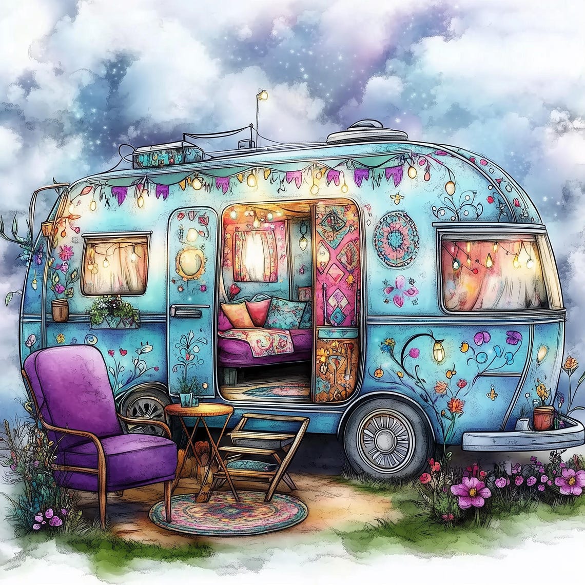 Watercolor Hippie Camper Jpgs, Scrapbooking Ephemera (digital Download ...