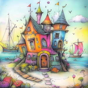 Acquerello "Casa sulla spiaggia" in JPG ad alta risoluzione per Junk Journaling, Scrapbooking, Creazione di biglietti, Download digitali, Fantasia
