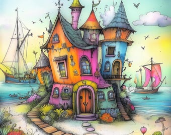 Whimsical Beach House Watercolor Clipart for Junk Journals (Digital Download)