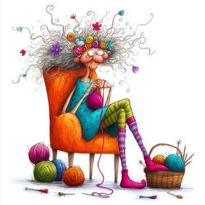 Op de afbeelding: Een grillige illustratie van een breiende vrouw, zittend in een oranje fauteuil. Ze draagt een blauwe jurk, gestreepte sokken en roze laarzen. Haar grijze haar is versierd met bloemen. Kleurrijke bollen wol en een mand met wol maken de scène compleet.