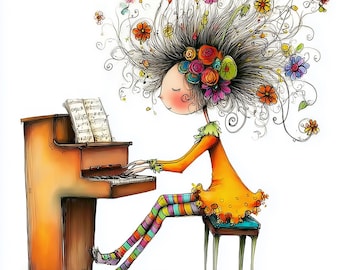 Piano Girl Watercolor Clipart, Whimsical Fantasy Art (Digital Download)