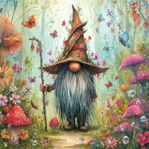 May include: A whimsical illustration of a garden gnome with a long, gray beard and a pointed hat adorned with flowers. The gnome holds a wooden staff and is surrounded by colorful butterflies, mushrooms, and flowers in a vibrant forest setting.