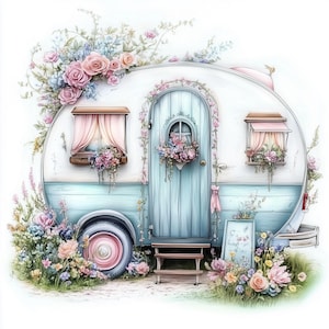 Shabby Chic Camper 10 hochauflösende Aquarell JPGs Junk Journaling, Scrapbooking, Kartenherstellung, digitaler Download schrullig