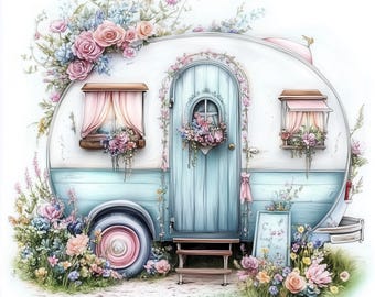 Caravana Shabby Chic 10 archivos JPG de acuarela de alta resolución Diario basura, Scrapbooking, Fabricación de tarjetas, Descarga digital Quirky