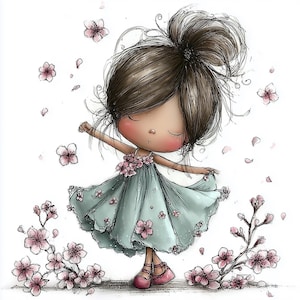 20 illustrationer av vårflickor, 2 JPG-bilder, scrapbooking och korttillverkning (digital nedladdning)