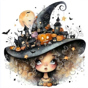 May include: A whimsical illustration of a young girl with curly brown hair, wearing a witch's hat adorned with miniature haunted houses, pumpkins, and stars. A full moon and bats complete the Halloween theme.