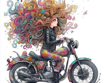 Imágenes prediseñadas de una mujer motociclista, JPG coloridos y originales (descarga digital)