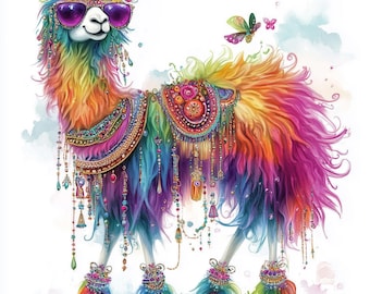 Colorful Llama Clip Art 10 High Resolution Watercolor JPGs Junk Journaling, Scrapbooking, Card Making, Digital Download, Fantasy, Whimsical