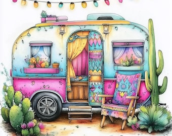 May include: A colorful, illustrated camper van with a pink and blue exterior, a patterned door, and a window with curtains. The camper has a small wooden step and a chair with a patterned cushion. The scene is set against a white background with a string of lights hanging above the camper.