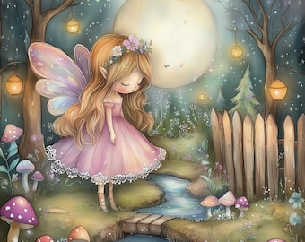 May include: A whimsical illustration of a fairy in a pink dress with a flower crown and large, colorful wings. The fairy stands near a stream, with mushrooms and a wooden fence in a moonlit forest setting. Lanterns hang from the trees.