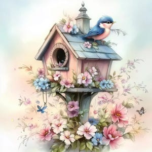 May include: A pink birdhouse with a blue roof sits on a wooden post surrounded by pink and blue flowers. A bluebird perches on the edge of the roof.