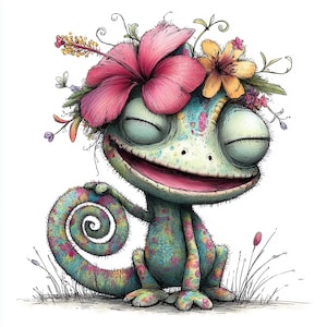 May include: A whimsical illustration of a smiling chameleon wearing a floral crown. The chameleon is primarily green with colorful patterns, and the crown features a large pink hibiscus and other flowers. The image has a cartoonish style with a white background.