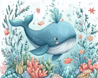 Set di 10 immagini di vita marina e oceanica, per junk journaling e scrapbooking (download digitale)