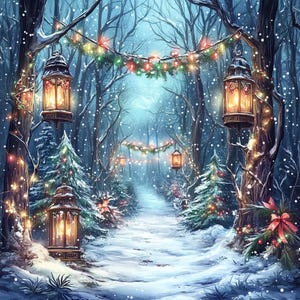 Peut inclure: Un chemin forestier enneigé bordé d'arbres décorés de lumières scintillantes et de lanternes. Le chemin mène à une clairière au loin.