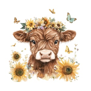 May include: A watercolor painting of a brown Highland cow with a flower crown made of yellow sunflowers and purple flowers. The cow is surrounded by sunflowers and butterflies.