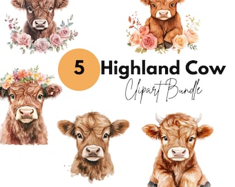 5 Highland Cow PNGs with Roses Clipart Bundle Sublimation