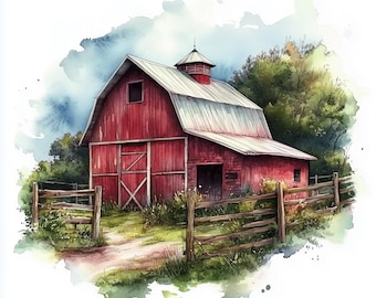 Red Barn Watercolor Clipart, Vintage Style Graphics (Digital Download)