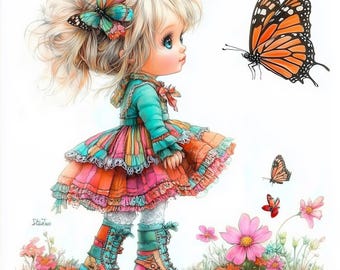 Girl with Butterflies Watercolor JPGs, Shabby Chic Art (Digital Download)