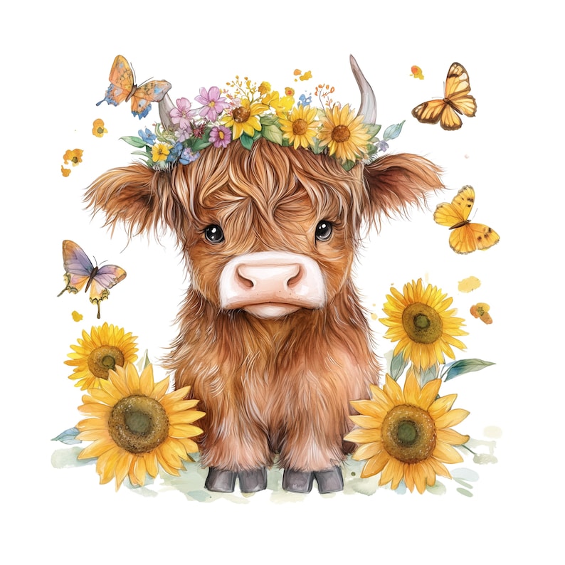 May include: A cute brown Highland cow with a flower crown made of yellow, orange, and white flowers. The cow is surrounded by sunflowers and butterflies.