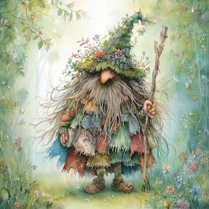 Könnte beinhalten: Eine skurrile Illustration einer zwergähnlichen Figur in einer Waldszene. Die Figur trägt ein Patchwork-Outfit und einen Hut, der mit Blumen und Blättern verziert ist. Sie hält einen Holzstab, mit langem Bart und Haaren.