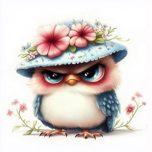 May include: A blue and white hat with pink flowers sits on the head of a small, fluffy, blue and white owl with a grumpy expression. The owl has a yellow beak and large, dark eyes.