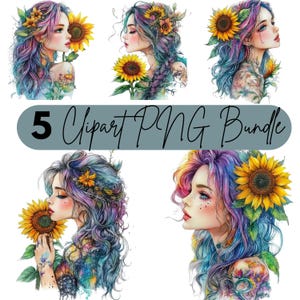 Tattooed Girls With Sunflowers 5 PNG Images Transparent Background Clipart Bundle Set