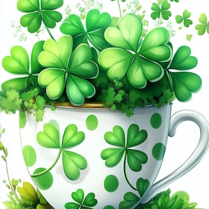 May include: A white teacup with green shamrock designs and green polka dots is filled with a bouquet of green four-leaf clovers.