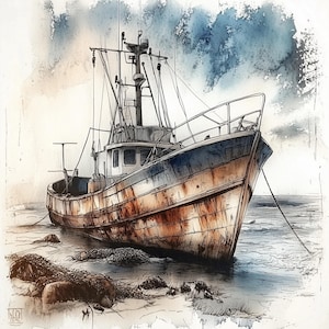 Acuarela de barco abandonado en la playa, archivos JPG de alta resolución para diarios basura, álbumes de recortes, creación de tarjetas, descargas digitales y decoración náutica.