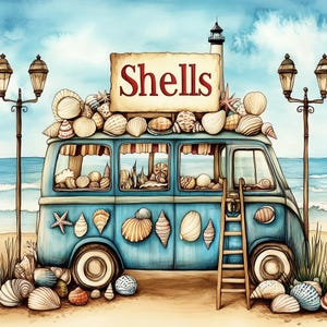 May include: Watercolor illustration of a blue van on a beach, loaded with seashells. A sign on top reads "Shells". The van has a ladder and is parked near the ocean with a lighthouse in the background. Decorative seashells are also on the sand.