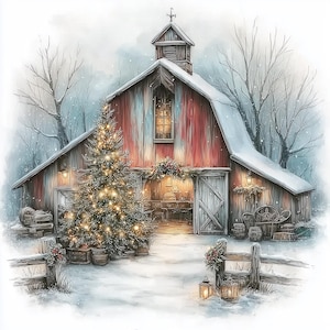 May include: Watercolor painting of a red barn in a snowy winter scene. A decorated Christmas tree with lights stands to the left of the barn's entrance. The barn is adorned with festive garlands and lanterns, creating a cozy holiday atmosphere.