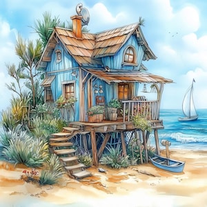 Puede incluir: Ilustración en acuarela de una casa de playa azul sobre pilotes con techo marrón, un pequeño bote y un velero a lo lejos. La casa tiene un porche, escaleras y está rodeada de vegetación. El cielo es azul con nubes blancas.