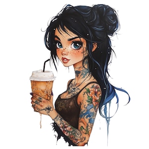 Tattooed Girls With Coffee 5 PNG Images Transparent Background Clipart Bundle Set