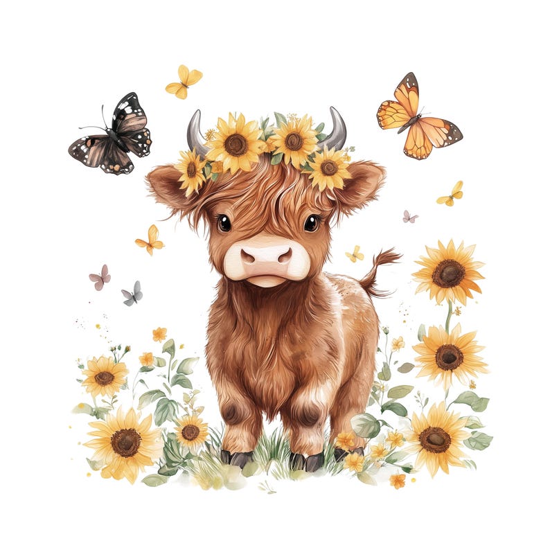May include: A brown Highland cow with a yellow flower crown stands in a field of yellow sunflowers and butterflies.