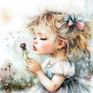 Girl with Dandelion 10 High Resolution Watercolor JPGs Junk Journaling, Scrapbooking, Card Making, Digital Download, Fantasy, Shabby Chic